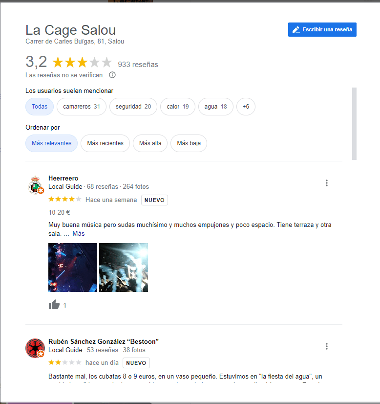 La Cage Salou reviews Google